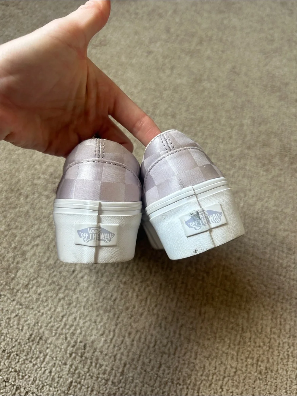 Van’s classic slip on stackform sneakers in pastel satin lilac Checkerboard
